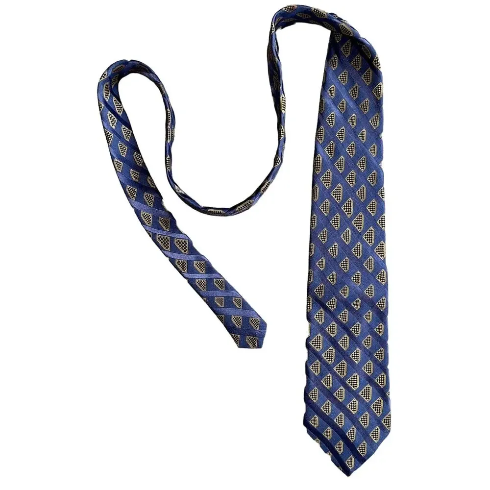 Lands' End Men's Ties Set Of Two 100% Silk Neck Ties Geometric‎ Blue Yellow EUC